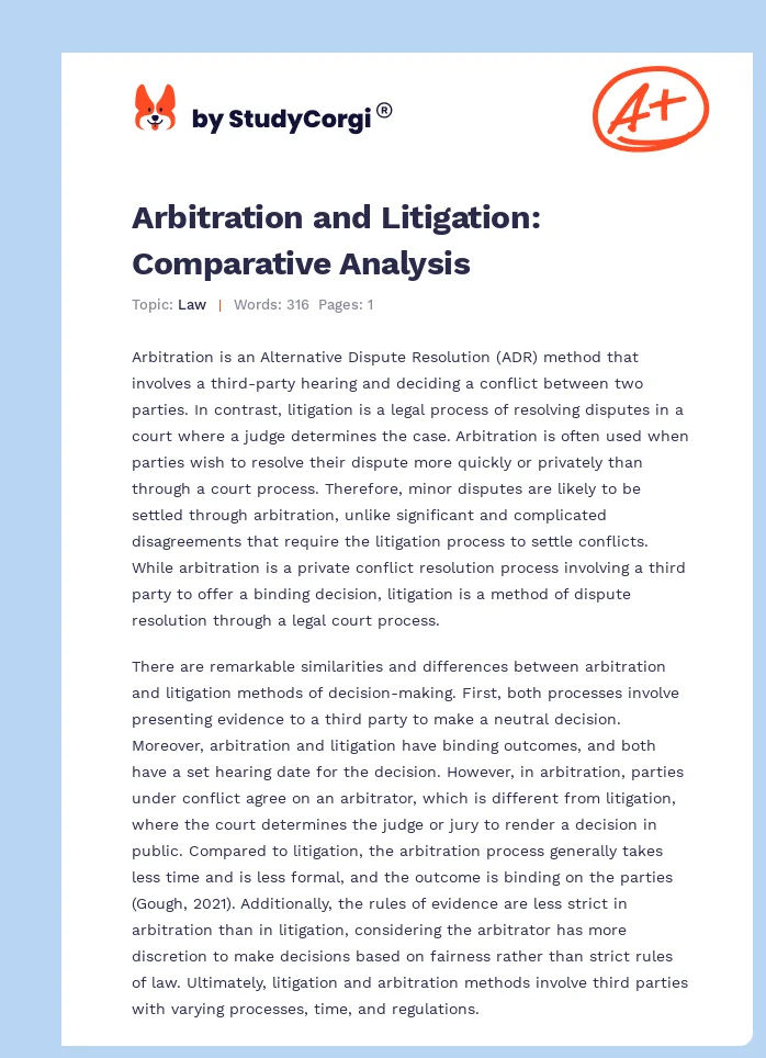 Arbitration and Litigation: Comparative Analysis. Page 1