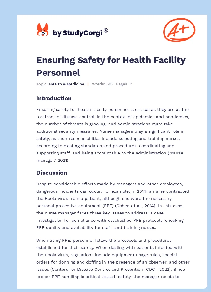 Ensuring Safety for Health Facility Personnel. Page 1