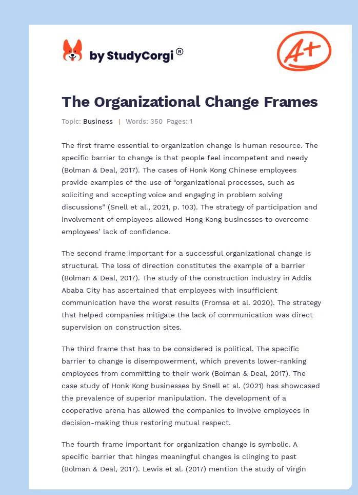 The Four Frames of Organizational Change. Page 1