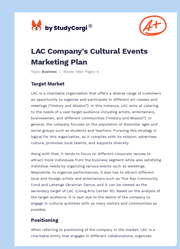 LAC Company's Cultural Events Marketing Plan. Page 1