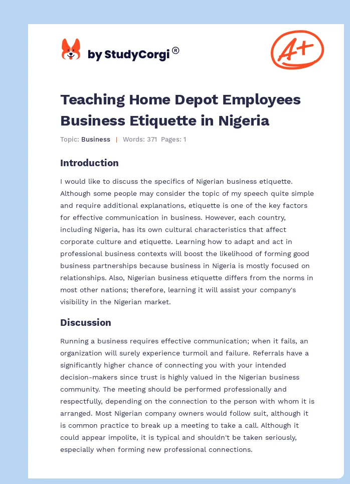 Teaching Home Depot Employees Business Etiquette in Nigeria. Page 1