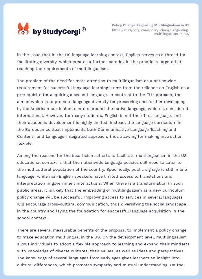 Policy Change Regarding Multilingualism in US. Page 2