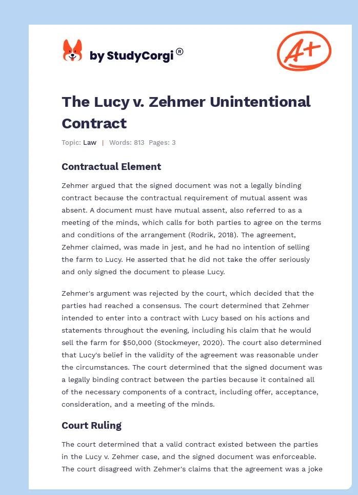 The Lucy v. Zehmer Unintentional Contract. Page 1