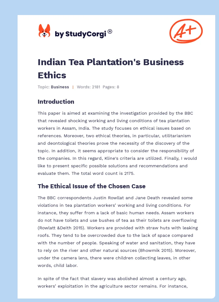 Indian Tea Plantation's Business Ethics. Page 1