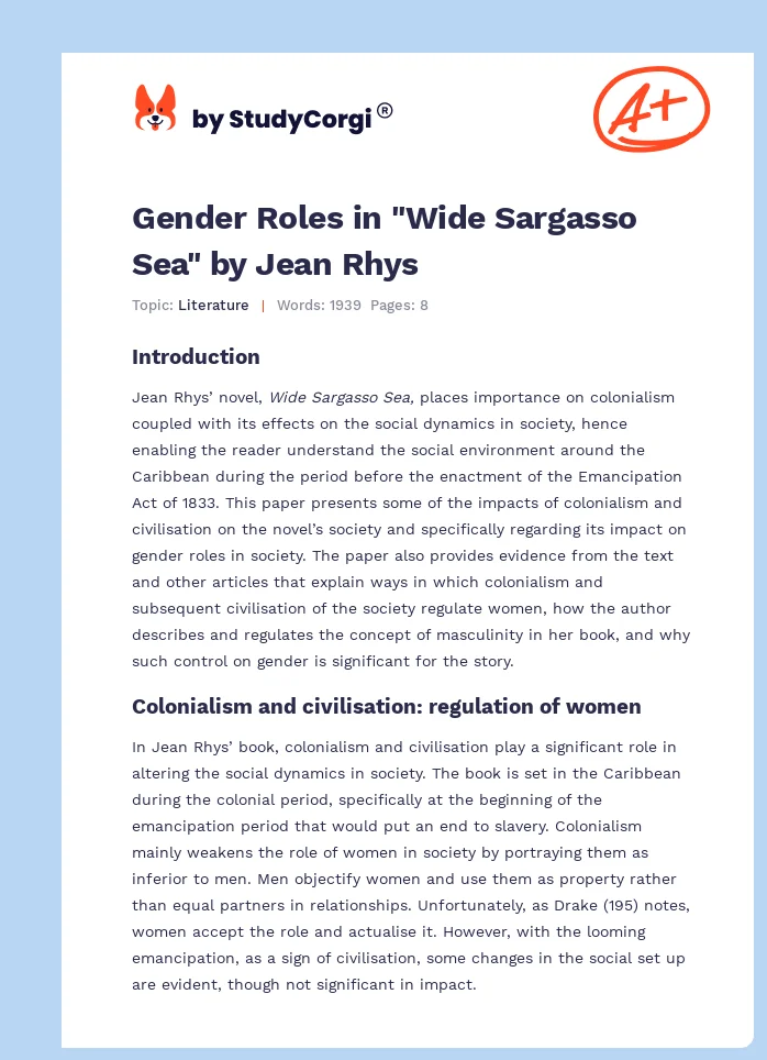 Gender Roles in "Wide Sargasso Sea" by Jean Rhys. Page 1