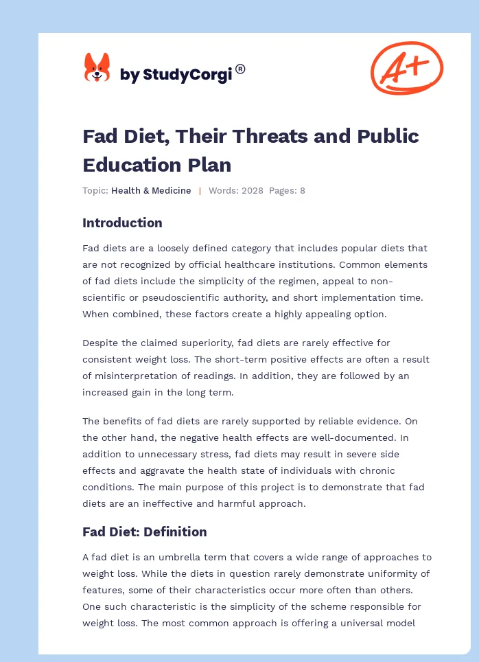Fad Diet, Their Threats and Public Education Plan. Page 1