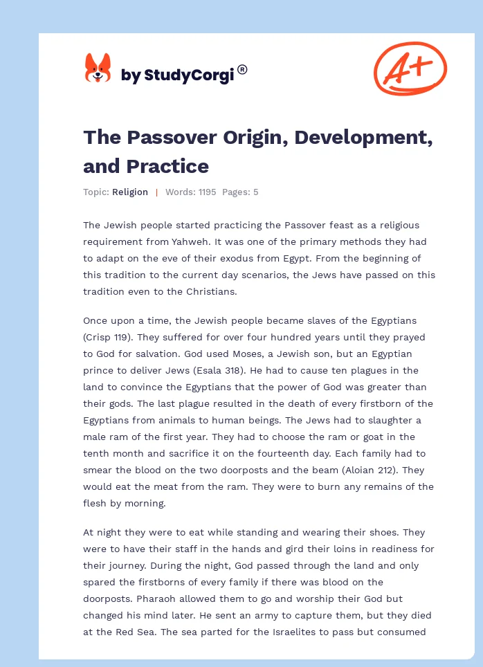 The Passover Origin, Development, and Practice. Page 1