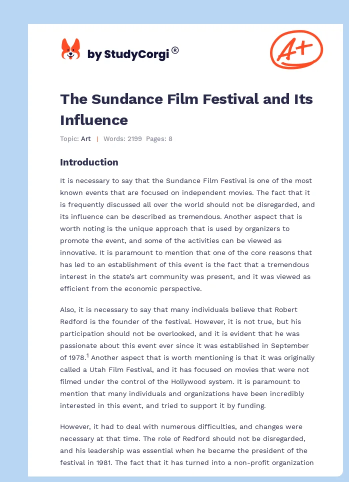 The Sundance Film Festival and Its Influence. Page 1