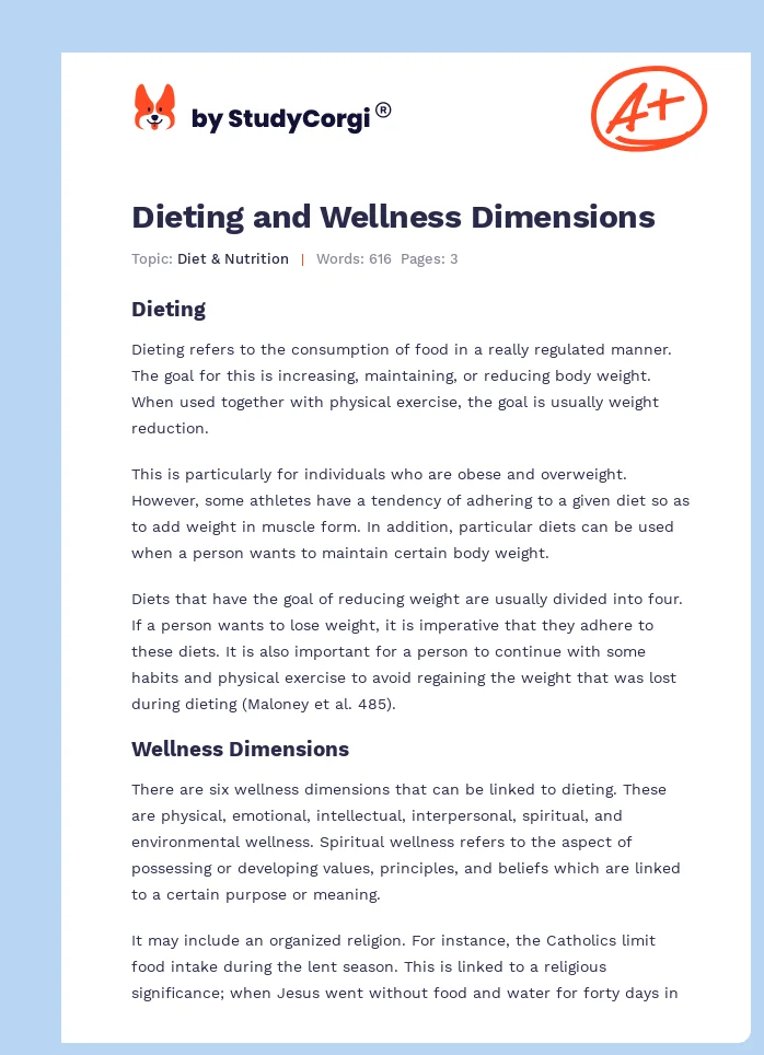 Dieting and Wellness Dimensions. Page 1