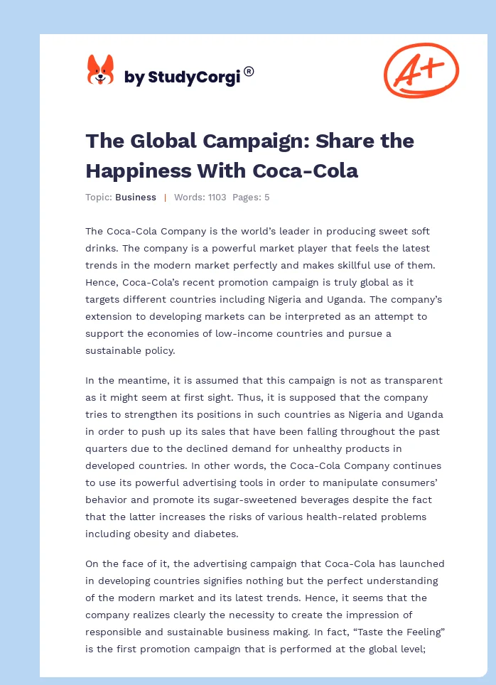 The Global Campaign: Share the Happiness With Coca-Cola. Page 1