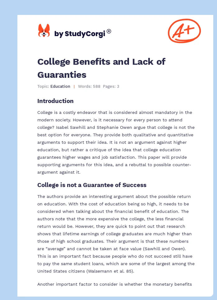 College Benefits and Lack of Guaranties. Page 1