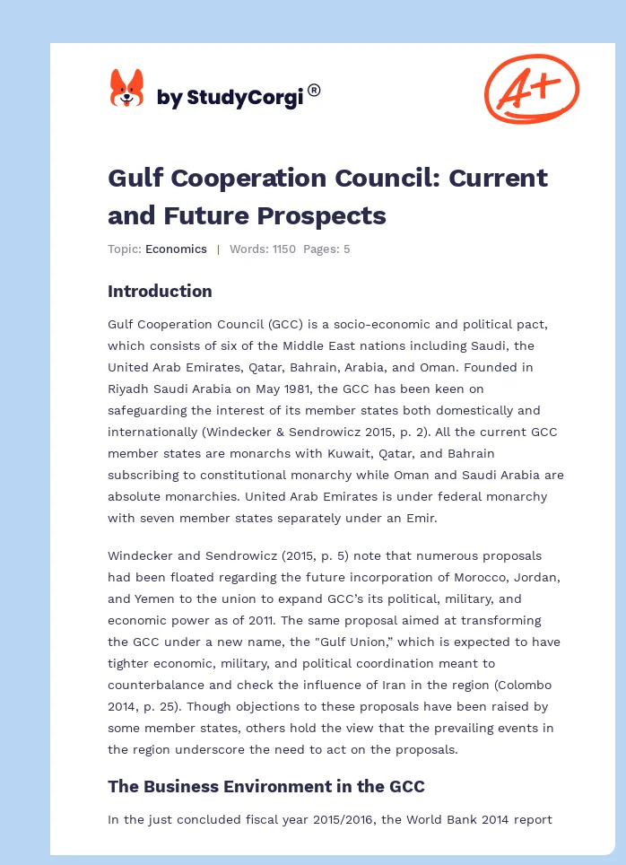 Gulf Cooperation Council: Current and Future Prospects. Page 1