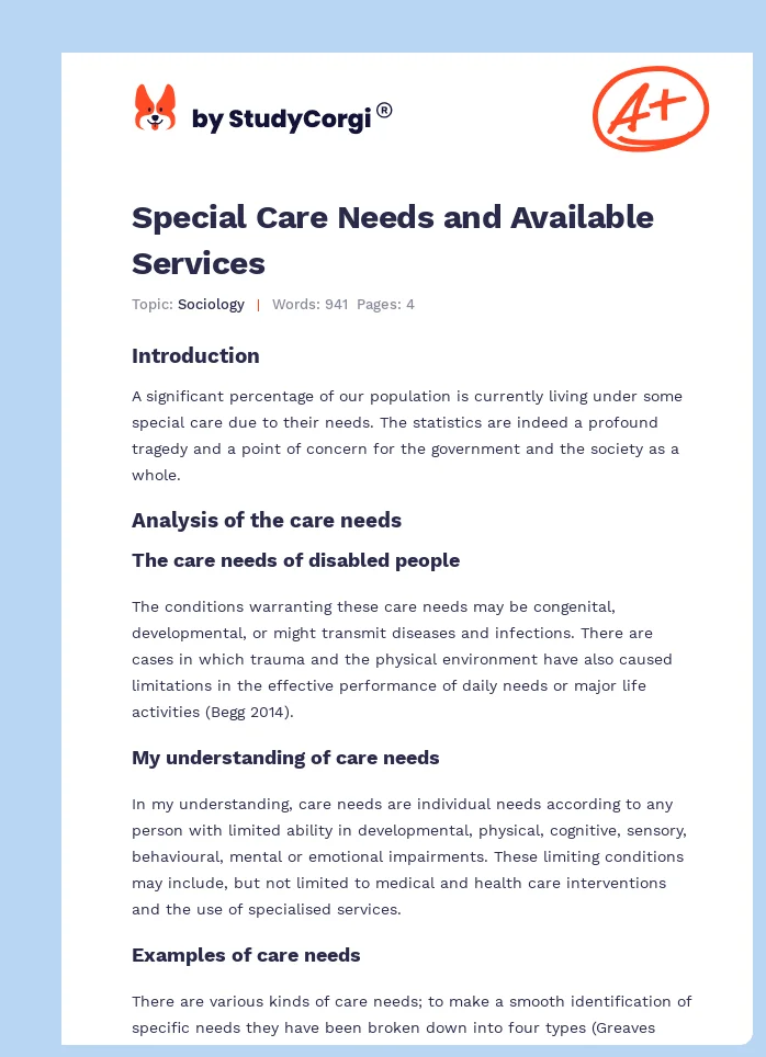 Special Care Needs and Available Services. Page 1