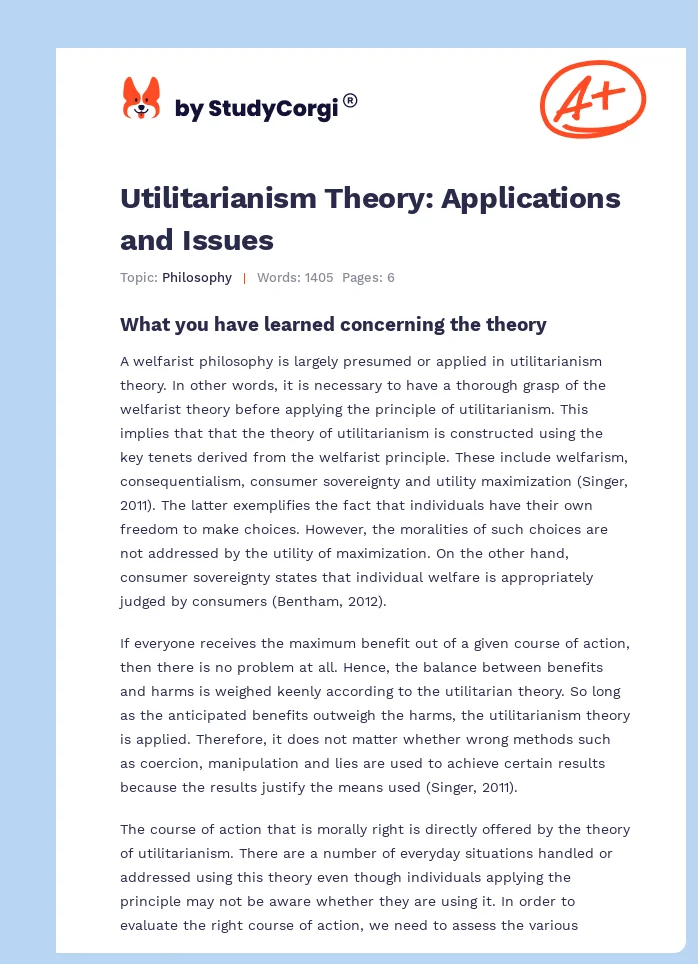 Utilitarianism Theory: Applications and Issues. Page 1