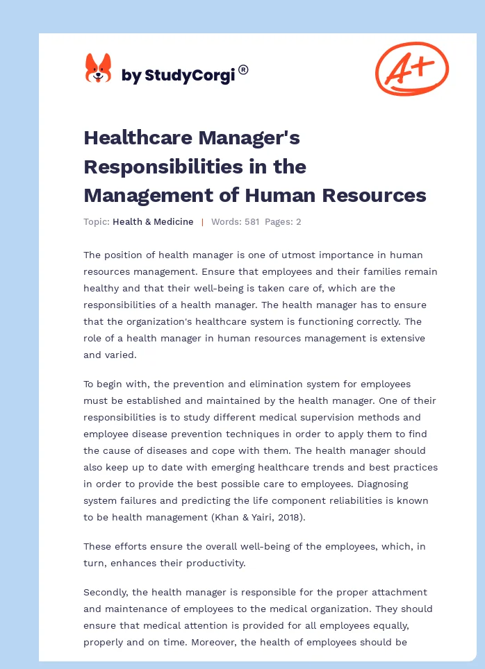 Healthcare Manager's Responsibilities in the Management of Human Resources. Page 1