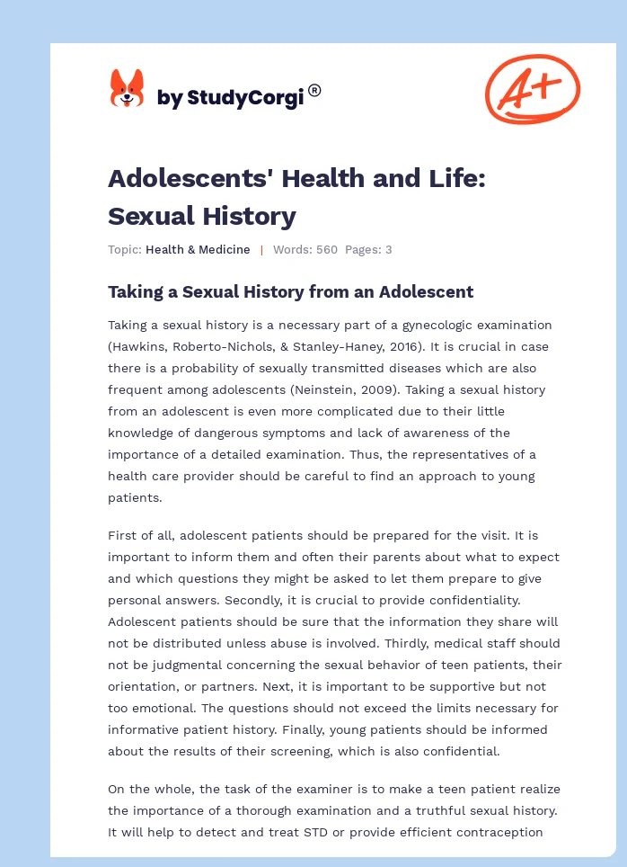 Adolescents' Health and Life: Sexual History. Page 1