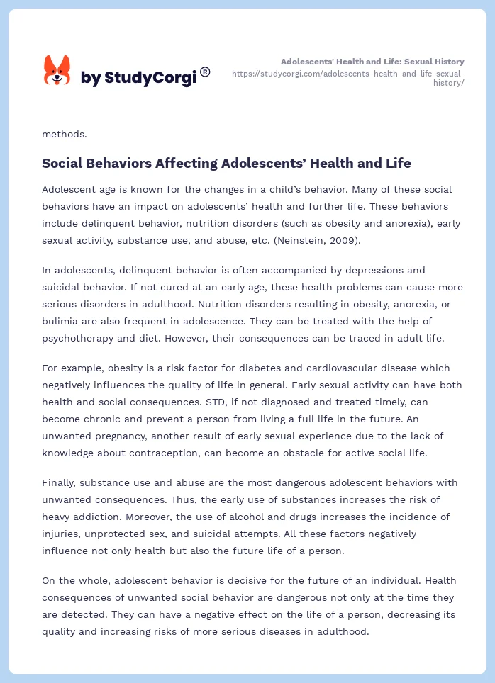 Adolescents' Health and Life: Sexual History. Page 2