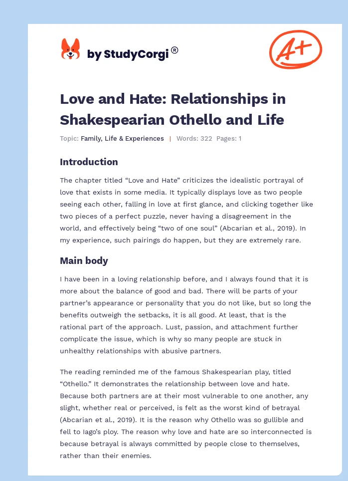 Love and Hate: Relationships in Shakespearian Othello and Life. Page 1