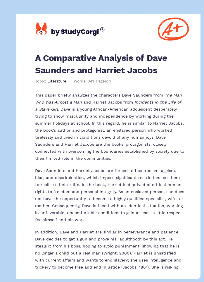 A Comparative Analysis of Dave Saunders and Harriet Jacobs. Page 1