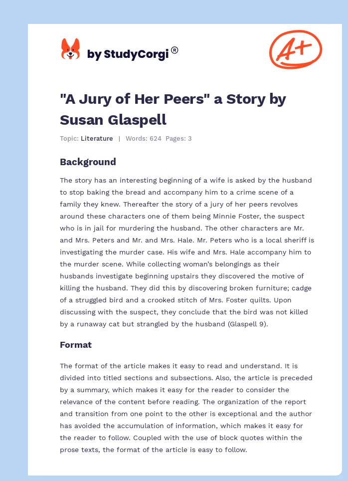 "A Jury of Her Peers" a Story by Susan Glaspell. Page 1
