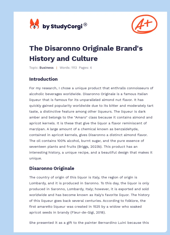 The Disaronno Originale Brand's History and Culture. Page 1