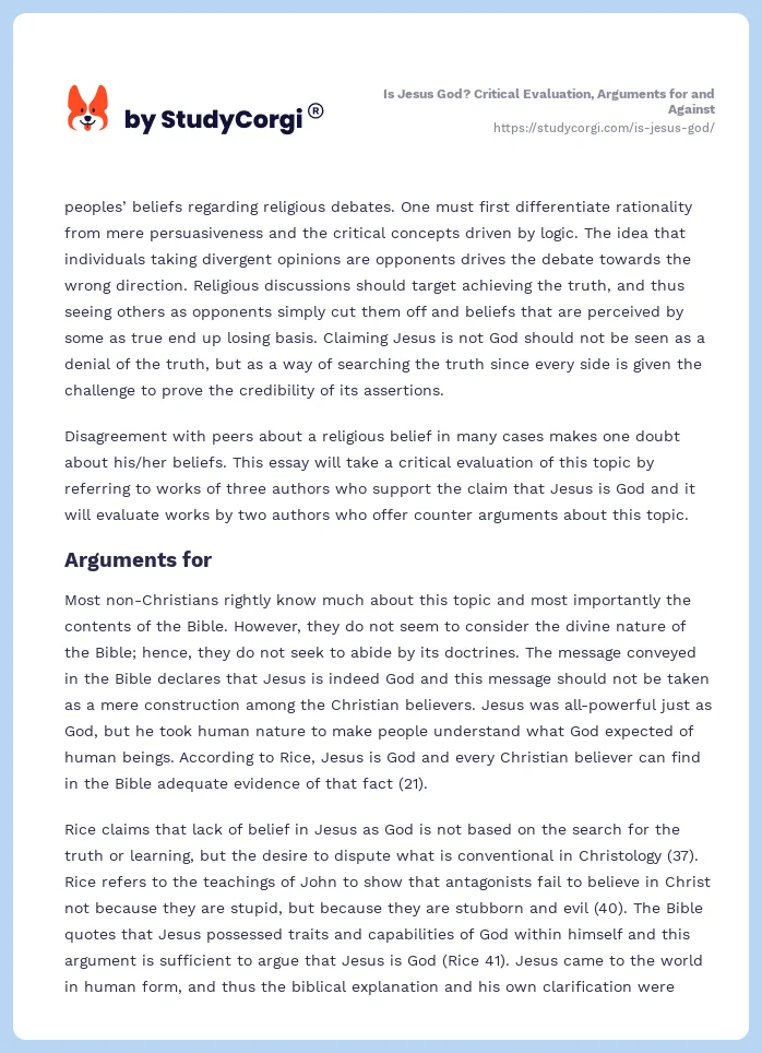 Is Jesus God? Critical Evaluation, Arguments for and Against. Page 2