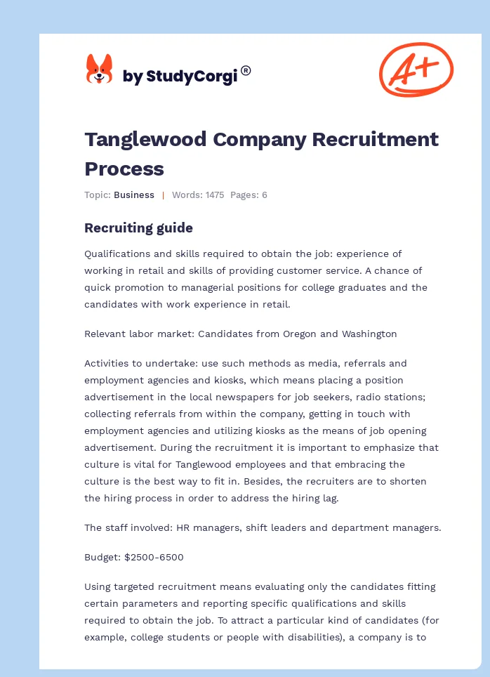 Tanglewood Company Recruitment Process. Page 1