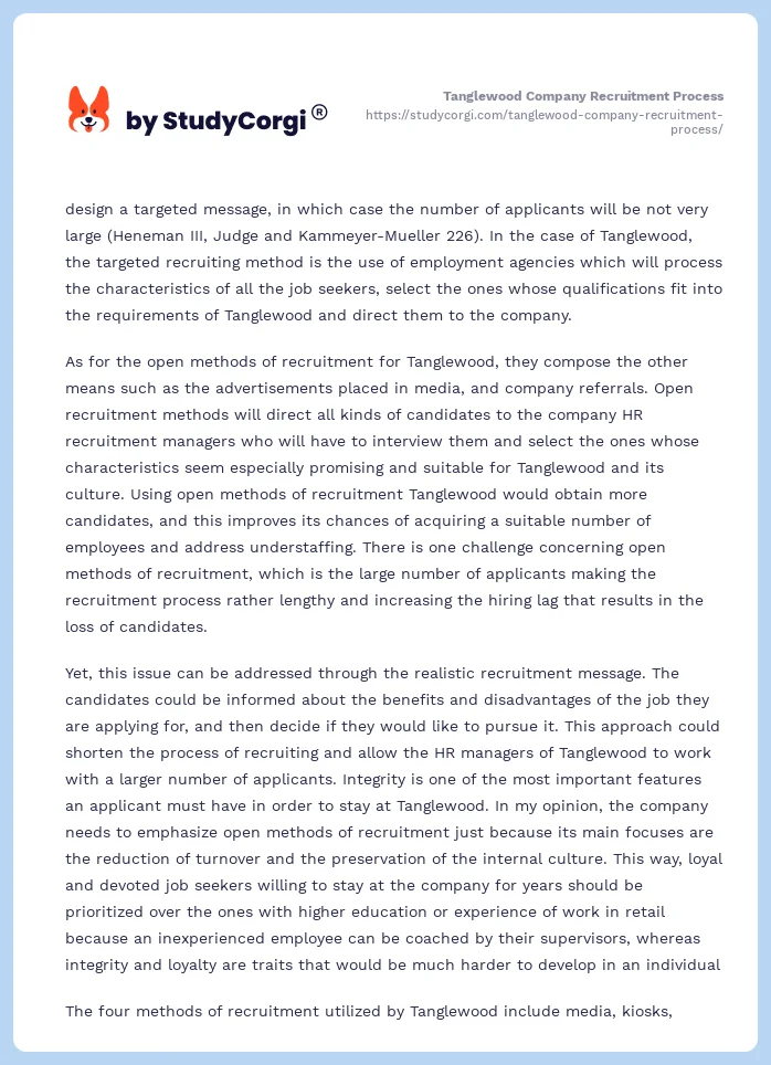 Tanglewood Company Recruitment Process. Page 2