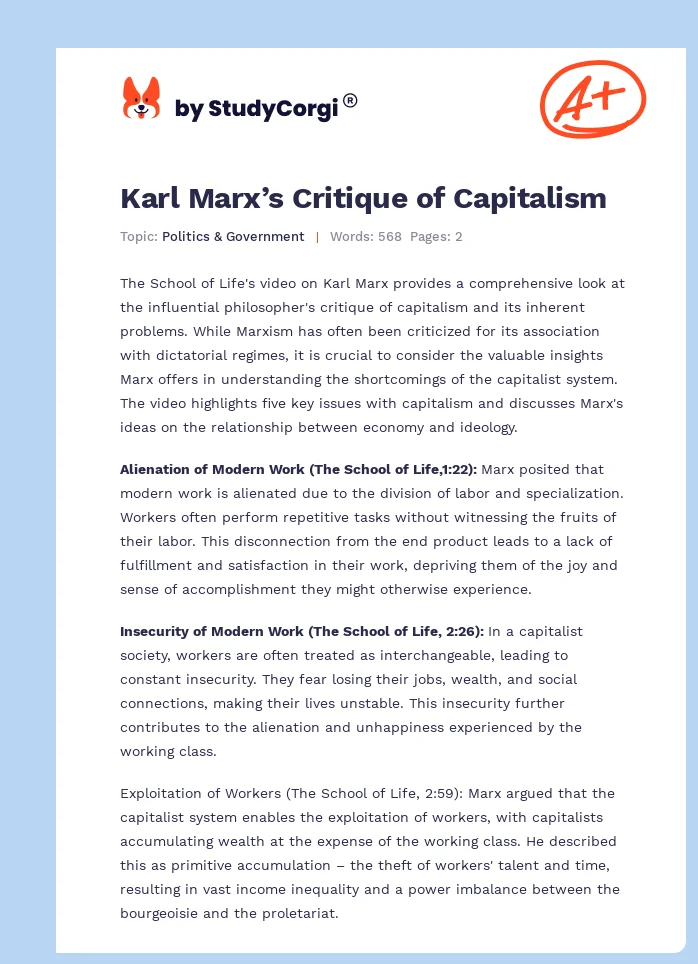 Karl Marx’s Critique of Capitalism. Page 1