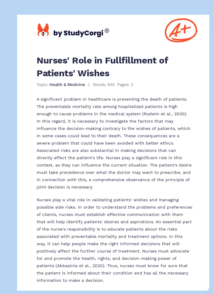 Nurses' Role in Fullfillment of Patients' Wishes. Page 1