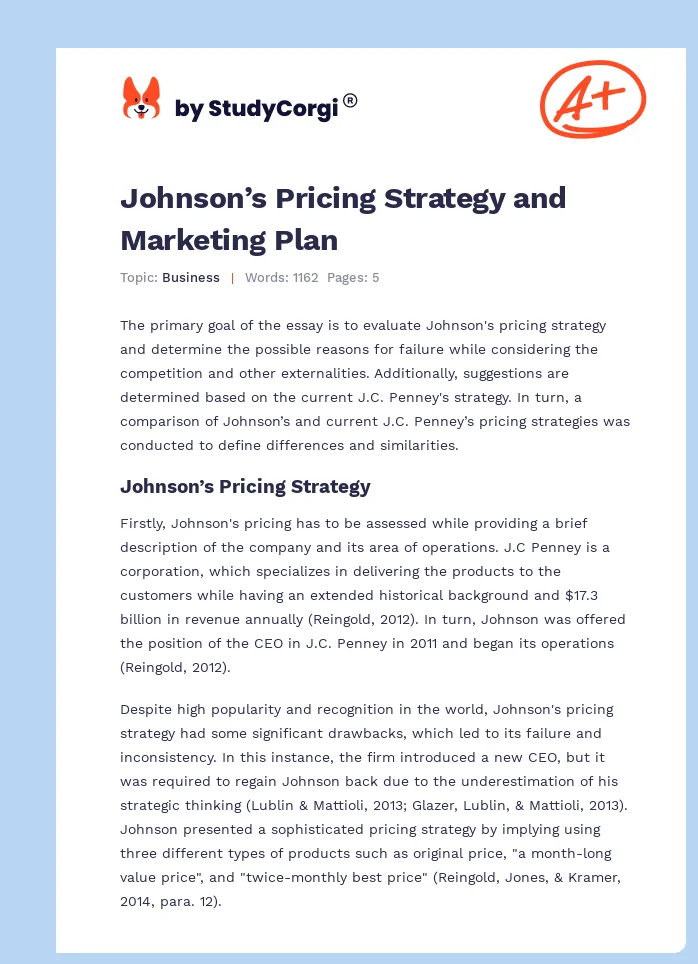Johnson’s Pricing Strategy and Marketing Plan. Page 1