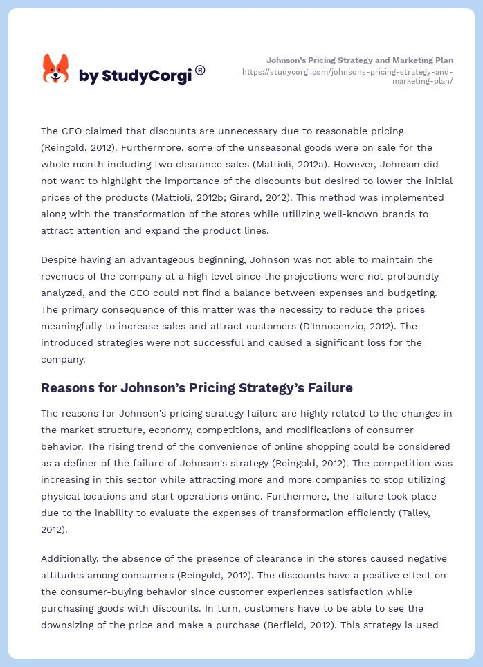 Johnson’s Pricing Strategy and Marketing Plan. Page 2