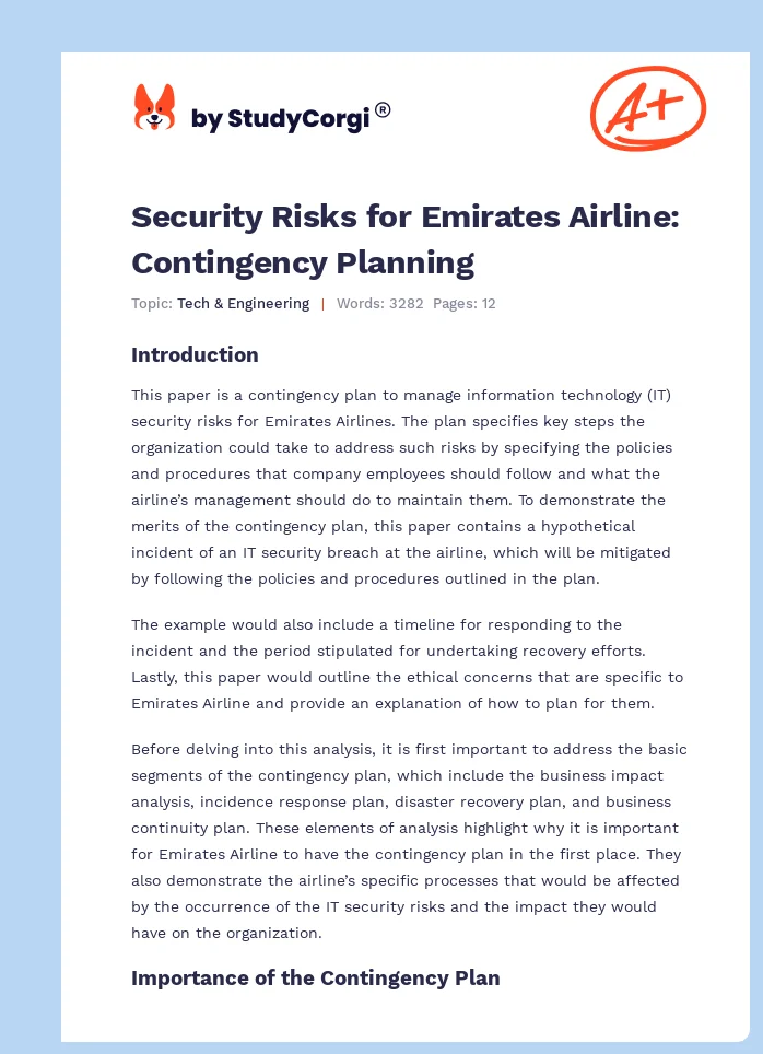 Security Risks for Emirates Airline: Contingency Planning. Page 1