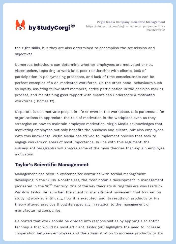 Virgin Media Company: Scientific Management. Page 2