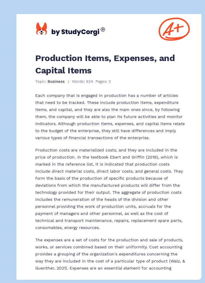 Production Items, Expenses, and Capital Items. Page 1