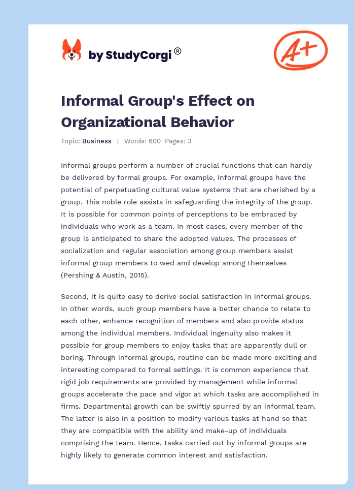 Informal Group's Effect on Organizational Behavior. Page 1