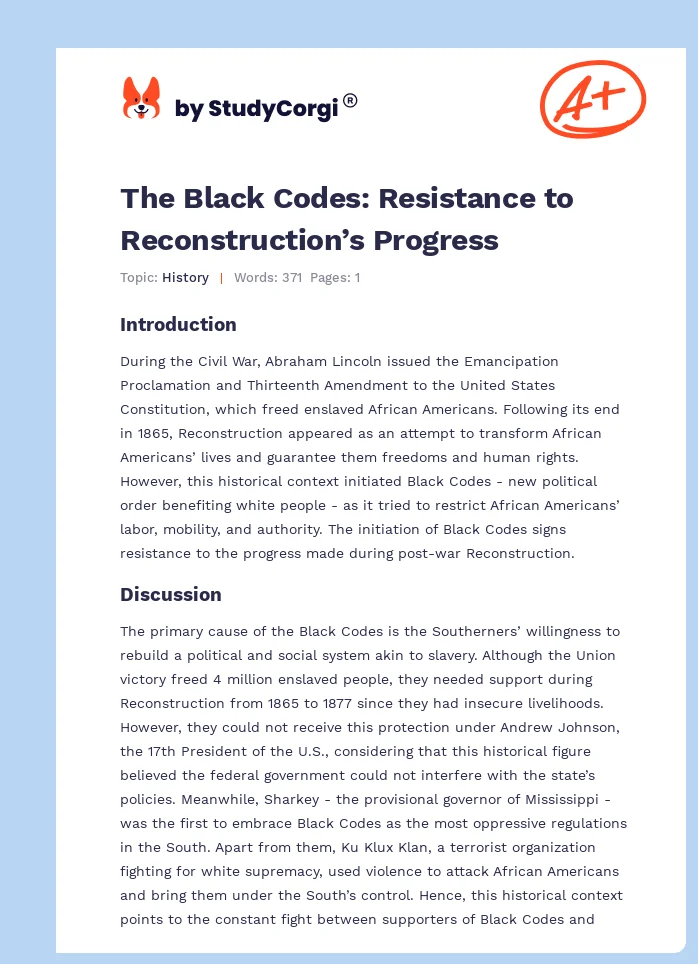 The Black Codes: Resistance to Reconstruction’s Progress. Page 1