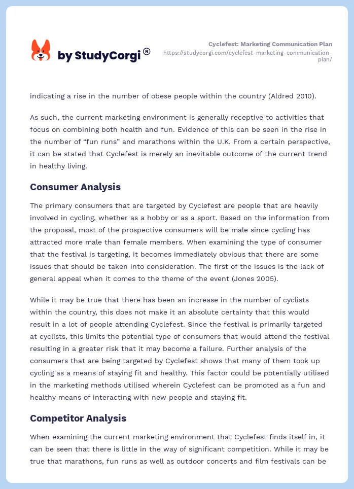 Cyclefest: Marketing Communication Plan. Page 2