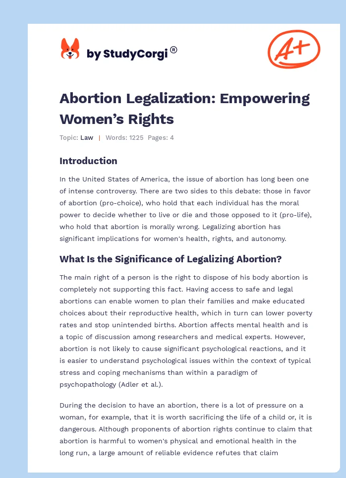 Abortion Legalization: Empowering Women’s Rights. Page 1