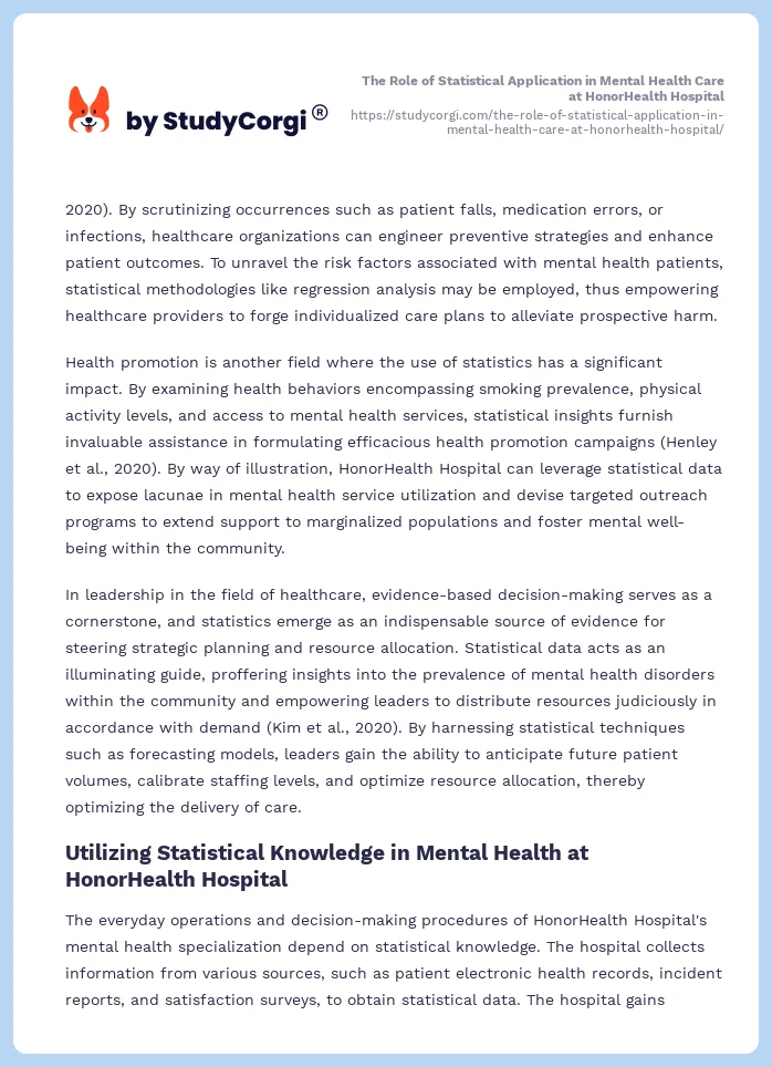 The Role of Statistical Application in Mental Health Care at HonorHealth Hospital. Page 2