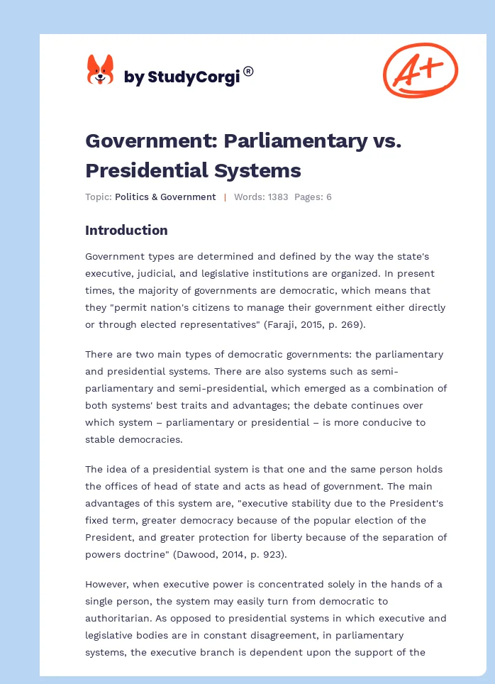Government: Parliamentary vs. Presidential Systems. Page 1
