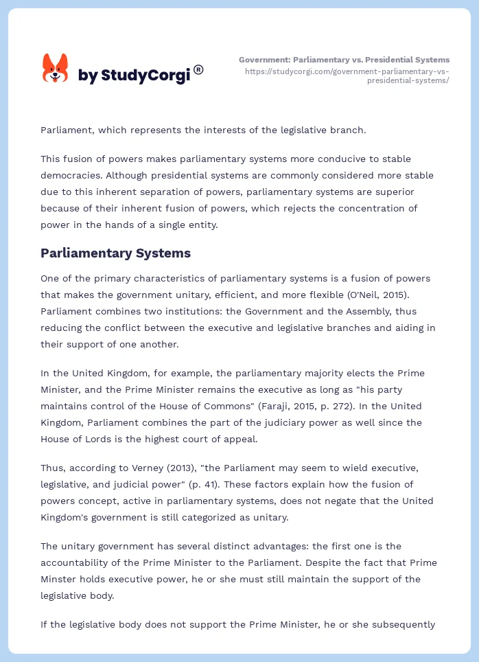 Government: Parliamentary vs. Presidential Systems. Page 2