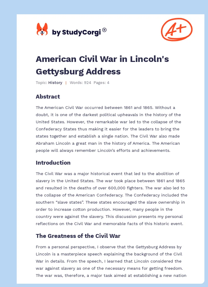 American Civil War in Lincoln's Gettysburg Address. Page 1