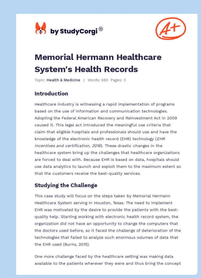 Memorial Hermann Healthcare System's Health Records. Page 1