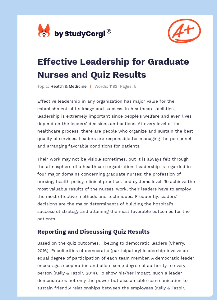 Effective Leadership for Graduate Nurses and Quiz Results. Page 1