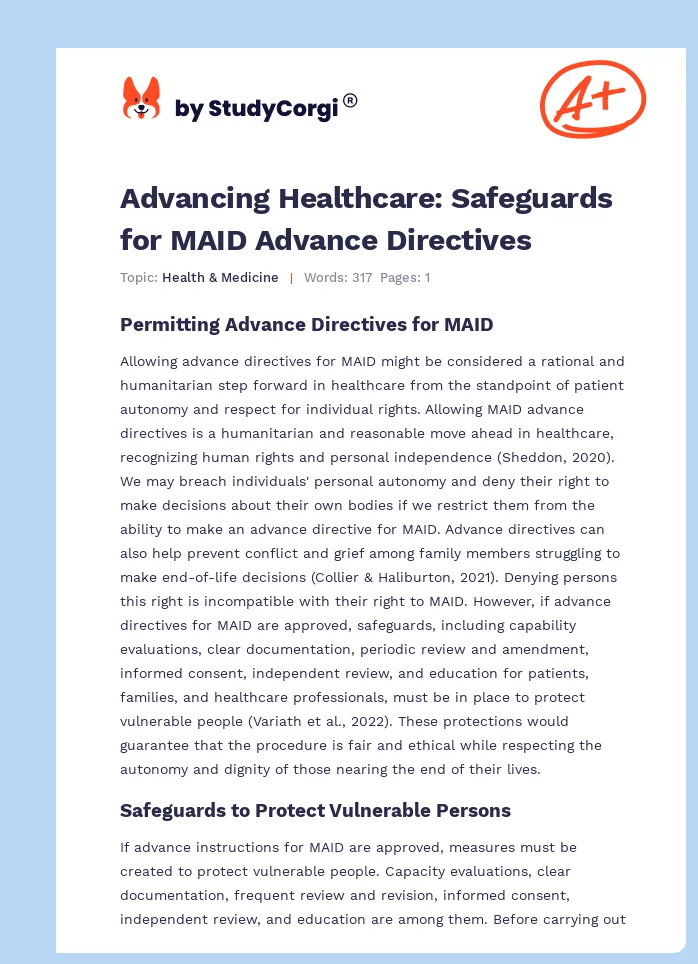 Advancing Healthcare: Safeguards for MAID Advance Directives. Page 1