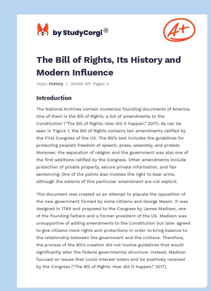 The Bill of Rights, Its History and Modern Influence. Page 1