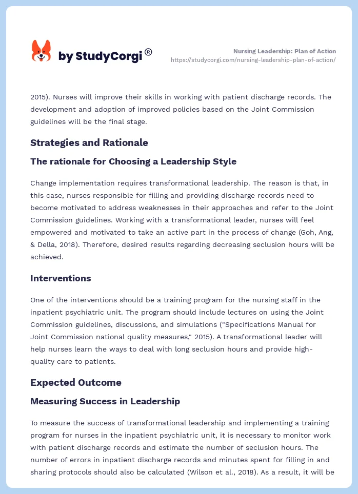 Nursing Leadership: Plan of Action. Page 2