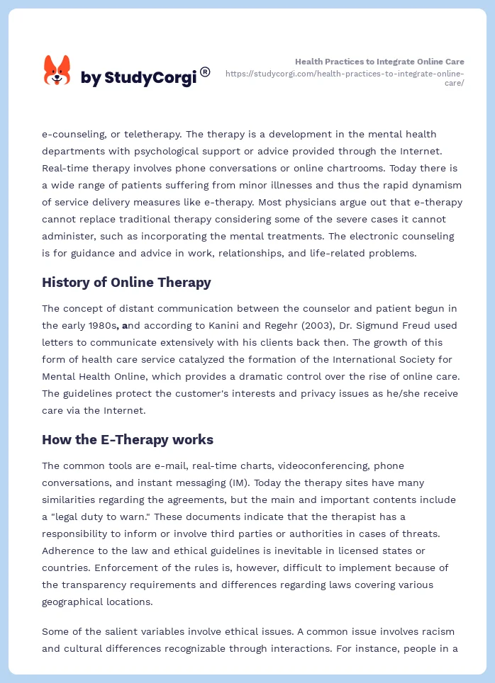 Health Practices to Integrate Online Care. Page 2