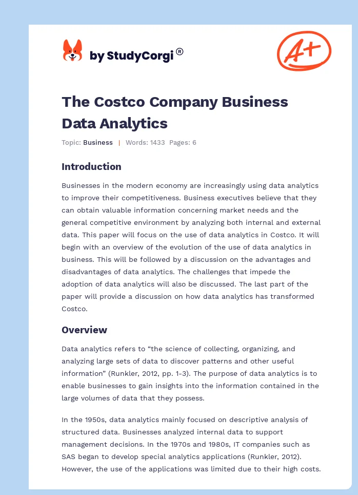 The Costco Company Business Data Analytics. Page 1